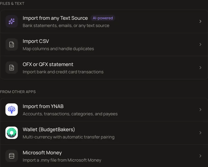 MoneyMatter import options, including the Wallet (BudgetBakers) importer